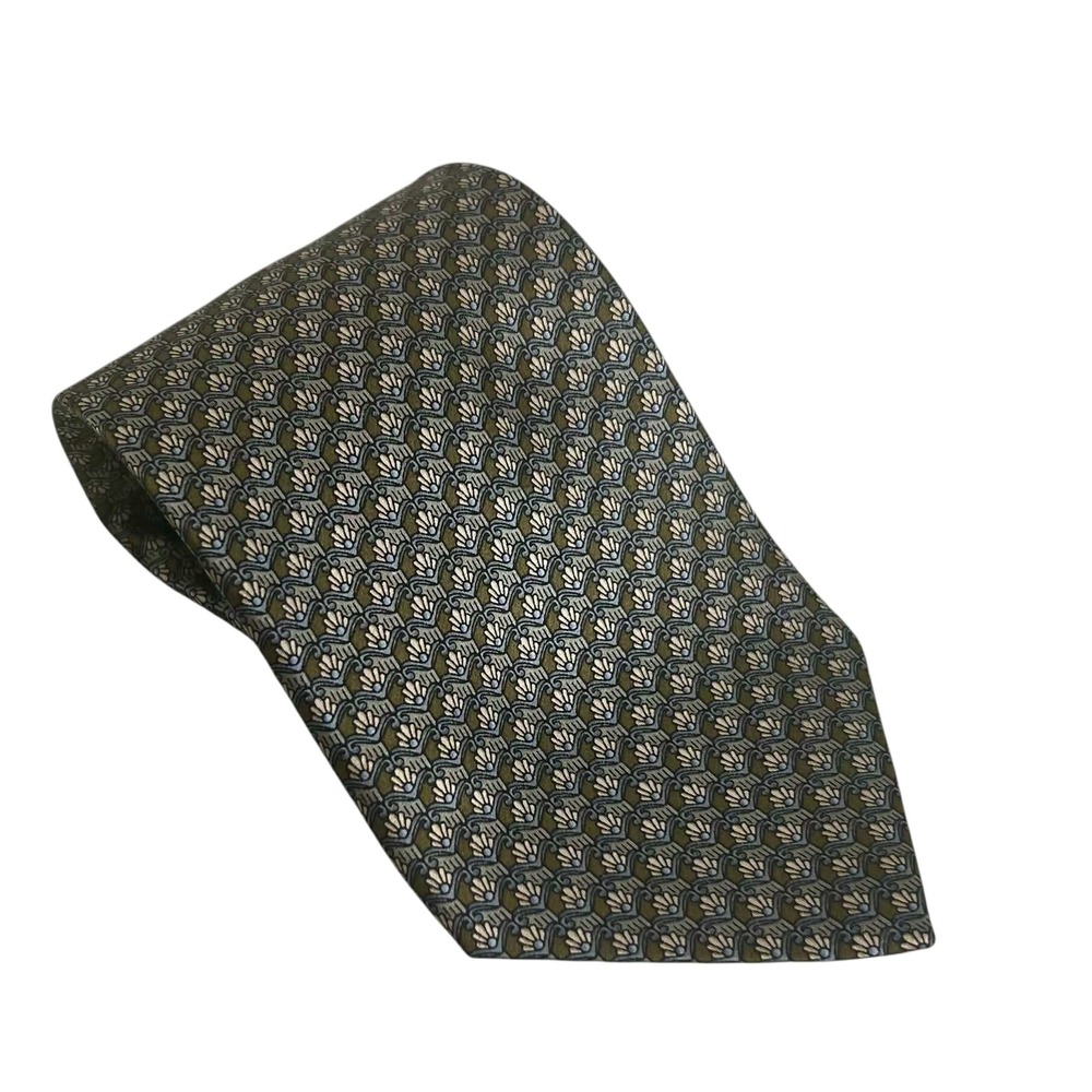 Jimmy V Silk Tie Geometric Pattern Olive Green Blue Mens‎ Formal Accessory